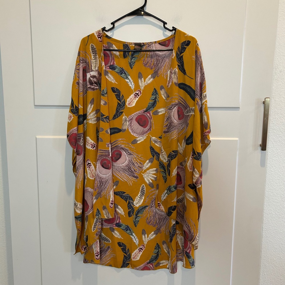 JOAH PREMIUM Women Mustard Yellow Feather Print Kimono‎ Cardigan Bird Duster